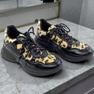 Calf Hair Leather Lace Up Women’s Leopard Print Shoes Size 9.5